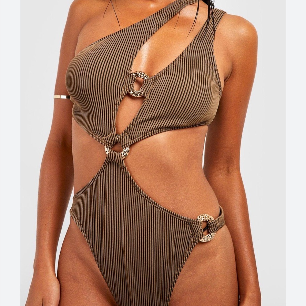 Brown Striped One-Shoulder Swimsuit